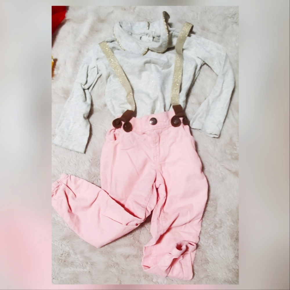 Corduroy pink pants set with 2 suspenders